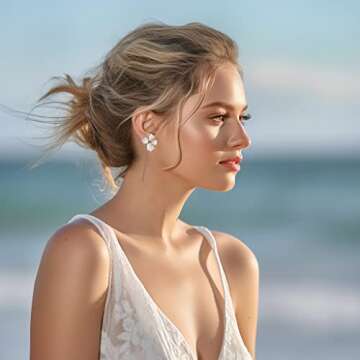GIGIFULL Boho Bridal Stud Earrings - White Flower Wedding Earrings, Bridesmaids' Jewelry, Vacation S...
