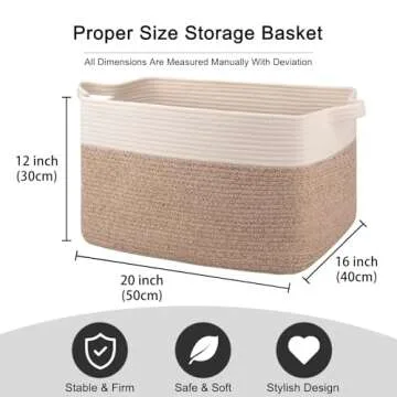 OIAHOMY 65L Blanket Basket, Cotton Rope Woven Blanket storage for Living Room, Rectangle Woven Baskets for Storage, 20''×16''×12'', Brown and White