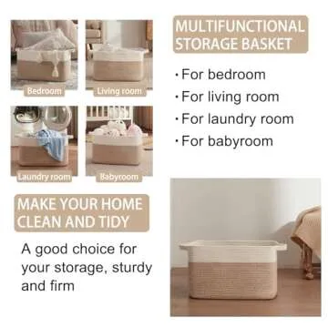 OIAHOMY 65L Blanket Basket, Cotton Rope Woven Blanket storage for Living Room, Rectangle Woven Baskets for Storage, 20''×16''×12'', Brown and White