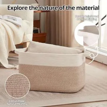 OIAHOMY 65L Blanket Basket, Cotton Rope Woven Blanket storage for Living Room, Rectangle Woven Baskets for Storage, 20''×16''×12'', Brown and White