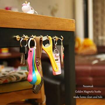 Neosmuk Magnetic Hooks, 30lb+ Heavy Duty Earth Magnets with Hook for Refrigerator, Extra Strong Cruise Hook for Hanging, Magnetic Hanger for Cabins, Grill (Golden, Pack of 6)