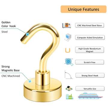 Neosmuk Magnetic Hooks, 30lb+ Heavy Duty Earth Magnets with Hook for Refrigerator, Extra Strong Cruise Hook for Hanging, Magnetic Hanger for Cabins, Grill (Golden, Pack of 6)