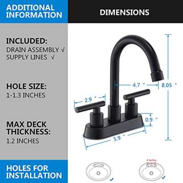 YardMonet Black Bathroom Faucets, 2 Handle Bathroom Sink Faucet, 4-Inch Centerset Bathroom Sink Faucet with Pop Up Drain and Water Supply Lines Bathroom Faucet Black