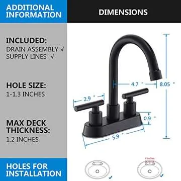 YardMonet Black Bathroom Faucets, 2 Handle Bathroom Sink Faucet, 4-Inch Centerset Bathroom Sink Faucet with Pop Up Drain and Water Supply Lines Bathroom Faucet Black