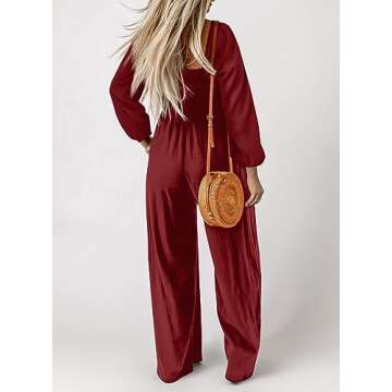 Dokotoo Womens Overalls Red Jumpsuits for Women Casual Loose Fit Solid Color Wide Leg One Piece Long Sleeve Jumpsuit Long Pant Rompers with Pockets Medium