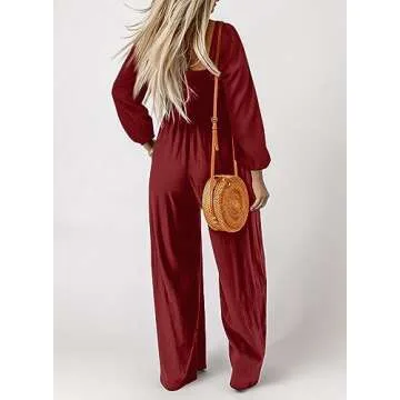 Dokotoo Womens Overalls Red Jumpsuits for Women Casual Loose Fit Solid Color Wide Leg One Piece Long Sleeve Jumpsuit Long Pant Rompers with Pockets Medium