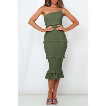 PRETTYGARDEN Women's Summer Midi Bodycon Dresses One Shoulder Strappy Tiered Ruffle Floral Boho Sun Dress (Solid Army Green,Small)