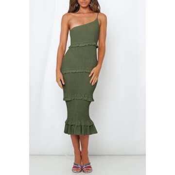PRETTYGARDEN Women's Summer Midi Bodycon Dresses One Shoulder Strappy Tiered Ruffle Floral Boho Sun Dress (Solid Army Green,Small)