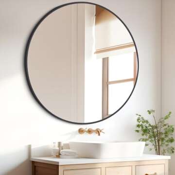 KOCUUY 42" Large Round Mirror, Black Circle Mirror for Wall, Metal Framed Round Mirror, Big Wall Mou...