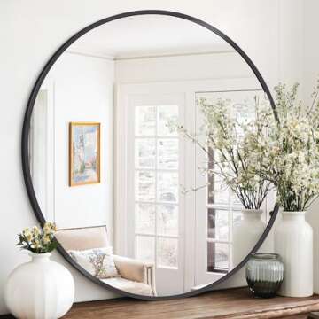 KOCUUY 42" Large Round Mirror, Black Circle Mirror for Wall, Metal Framed Round Mirror, Big Wall Mounted Bathroom Mirror Round, Modern Vanity Mirror Circular Mirrors for Wall, Over Sink, Living Room