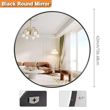 KOCUUY 42" Large Round Mirror, Black Circle Mirror for Wall, Metal Framed Round Mirror, Big Wall Mounted Bathroom Mirror Round, Modern Vanity Mirror Circular Mirrors for Wall, Over Sink, Living Room
