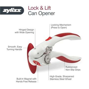 Zyliss Lock N' Lift Can Opener with Lid Lifter Magnet - Gifts for Cooks - Culinary Chef Gift - Manual Can Opener with Locking Mechanism - Magnetic Can Opener - Easy-to-Turn Can Opener - Red