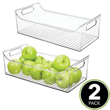 mDesign Slim Plastic Kitchen Pantry Cabinet, Fridge or Freezer Storage Bin with Handles - Organizer Containers for Fruit, Yogurt, Snacks, Pasta - 16" Long - Ligne Collection - 2 Pack - Clear