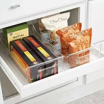 mDesign Slim Plastic Kitchen Pantry Cabinet, Fridge or Freezer Storage Bin with Handles - Organizer Containers for Fruit, Yogurt, Snacks, Pasta - 16" Long - Ligne Collection - 2 Pack - Clear