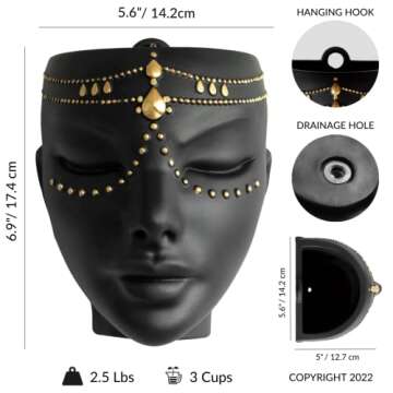 Bossa Linda Head Planter - Indoor & Outdoor Home Decor Gifts for Plant Lovers - for Flat Surface or Wall Mount - Unique Face Planter for Flowers, Succulents, & More (7 inch, Serena Design, Black)