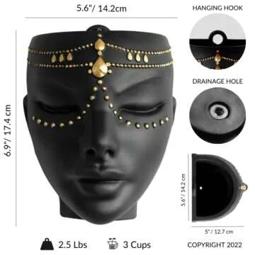 Bossa Linda Head Planter - Indoor & Outdoor Home Decor Gifts for Plant Lovers - for Flat Surface or Wall Mount - Unique Face Planter for Flowers, Succulents, & More (7 inch, Serena Design, Black)