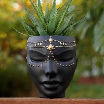 Bossa Linda Head Planter - Indoor & Outdoor Home Decor Gifts for Plant Lovers - for Flat Surface or Wall Mount - Unique Face Planter for Flowers, Succulents, & More (7 inch, Serena Design, Black)