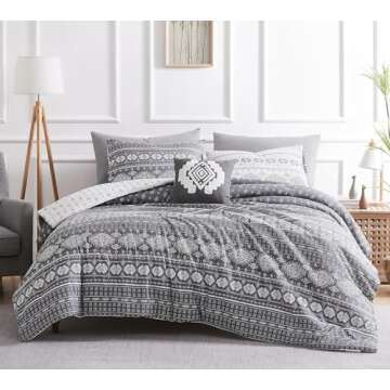 Geniospin Queen Comforter Set, Boho Bed in a Bag 7PCS, Grey Reversible Aztec Pattern, Soft Microfibe...