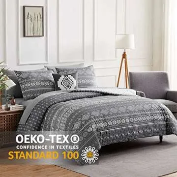 Geniospin Queen Comforter Set, Boho Bed in a Bag 7PCS, Grey Reversible Aztec Pattern, Soft Microfiber Fill Bedding, All Season Comfortable with Comforter, Sheets, Pillowcases & Shams (Grey, 90''x90'')