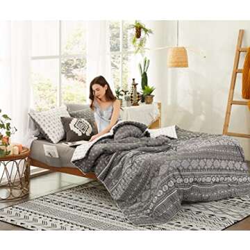 Geniospin Queen Comforter Set, Boho Bed in a Bag 7PCS, Grey Reversible Aztec Pattern, Soft Microfiber Fill Bedding, All Season Comfortable with Comforter, Sheets, Pillowcases & Shams (Grey, 90''x90'')