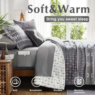 Geniospin Queen Comforter Set, Boho Bed in a Bag 7PCS, Grey Reversible Aztec Pattern, Soft Microfiber Fill Bedding, All Season Comfortable with Comforter, Sheets, Pillowcases & Shams (Grey, 90''x90'')