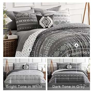 Geniospin Queen Comforter Set, Boho Bed in a Bag 7PCS, Grey Reversible Aztec Pattern, Soft Microfiber Fill Bedding, All Season Comfortable with Comforter, Sheets, Pillowcases & Shams (Grey, 90''x90'')