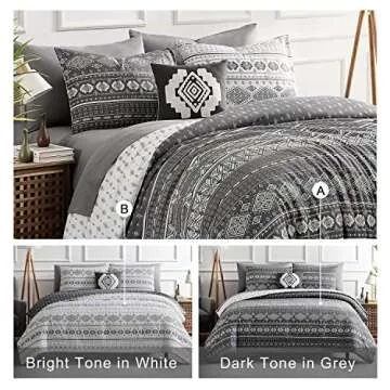 Geniospin Queen Comforter Set, Boho Bed in a Bag 7PCS, Grey Reversible Aztec Pattern, Soft Microfiber Fill Bedding, All Season Comfortable with Comforter, Sheets, Pillowcases & Shams (Grey, 90''x90'')