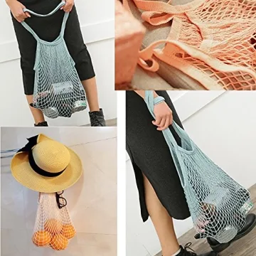 Flyou 2Pcs Portable Reusable Mesh Cotton Net String Bag Organizer Shopping Tote Handbag Fruit Storage Shopper NEW (green,pingk)