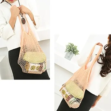 Flyou 2Pcs Portable Reusable Mesh Cotton Net String Bag Organizer Shopping Tote Handbag Fruit Storage Shopper NEW (green,pingk)