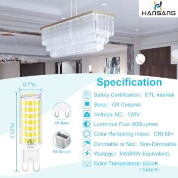 hansang G9 Led Light Bulb,6W Chandelier Light Bulbs (60W Halogen Equivalent),88PCS LED,6000K Daylight White,Non-dimmable,G9 Bi Pin Base,360 Degrees Beam Angle,600LM,Pack of 6