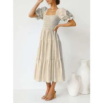 ZESICA Women's 2025 Bohemian Summer Plaid Square Neck Puff Sleeve Ruffle Flowy Beach Midi Dress