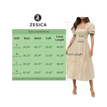 ZESICA Women's 2025 Bohemian Summer Plaid Square Neck Puff Sleeve Ruffle Flowy Beach Midi Dress