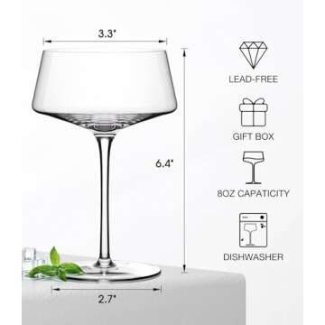Hlukana Hand Blown Martini Glasses Set of 4, 8 oz Coupe Glass, Premium Crystal Cocktail Glassess, Champagne Glass, Handblown Drinkware Set, Perfect for Bar, Cocktails, Martinis, Margaritas, Parties