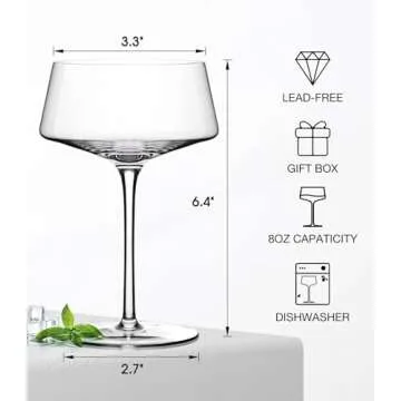 Hlukana Hand Blown Martini Glasses Set of 4, 8 oz Coupe Glass, Premium Crystal Cocktail Glassess, Champagne Glass, Handblown Drinkware Set, Perfect for Bar, Cocktails, Martinis, Margaritas, Parties
