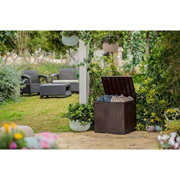 Keter City 30 Gallon Resin Outdoor Storage Box and Patio Furniture Side Table for Pool and Garden Ac...