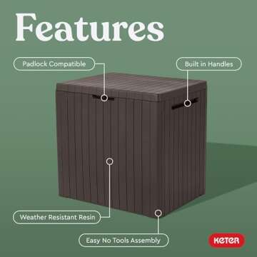 Keter City 30 Gallon Resin Outdoor Storage Box and Patio Furniture Side Table for Pool and Garden Accessories, Brown
