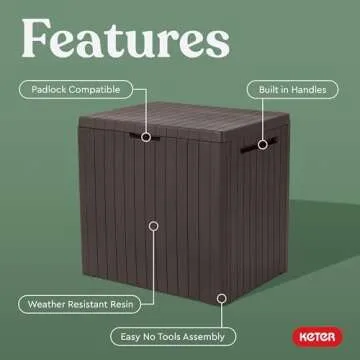 Keter City 30 Gallon Resin Outdoor Storage Box and Patio Furniture Side Table for Pool and Garden Accessories, Brown
