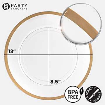 PARTY BARGAINS 13-Inch Charger Plates - 16 Pack, Clear Gold Rim, Heavy-Duty Disposable Chargers for ...
