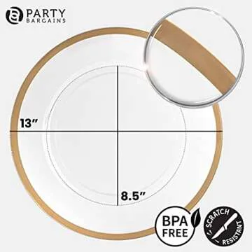 PARTY BARGAINS 13-Inch Charger Plates - 16 Pack, Clear Gold Rim, Heavy-Duty Disposable Chargers for ...