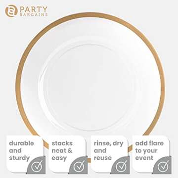 PARTY BARGAINS 13-Inch Charger Plates - 16 Pack, Clear Gold Rim, Heavy-Duty Disposable Chargers for Elegant Dining - Ideal for Weddings and Formal Events