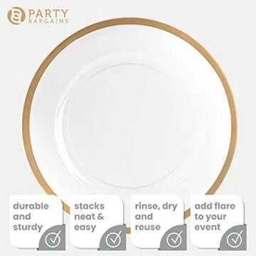 PARTY BARGAINS 13-Inch Charger Plates - 16 Pack, Clear Gold Rim, Heavy-Duty Disposable Chargers for Elegant Dining - Ideal for Weddings and Formal Events