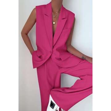 PRETTYGARDEN Women's Business Casual Rose Red Suit Set - Stylish & Versatile Two Piece 2PC Blazer wi...