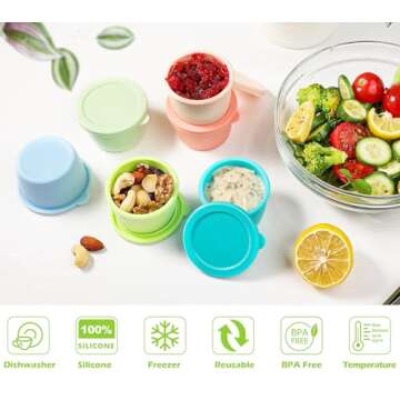 Webake 2.5 oz Salad Dressing Container to Go, 6 Pack Silicone Sauce Container with Lids, Leakproof Condiment Container Fits in Bento Box for Lunch, Reusable Sauce Cups for Office, Travel, Picnic