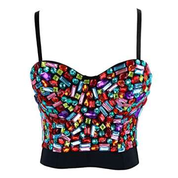 Charmian Women's Colorful Rhinestone Push Up Bra Clubwear Party Bustier Crop Top Valentines Bra Top Black Small