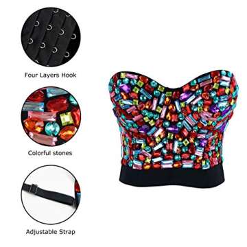 Charmian Women's Colorful Rhinestone Push Up Bra Clubwear Party Bustier Crop Top Valentines Bra Top Black Small