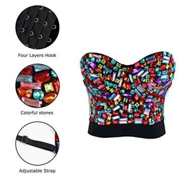 Charmian Women's Colorful Rhinestone Push Up Bra Clubwear Party Bustier Crop Top Valentines Bra Top Black Small