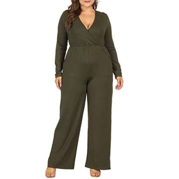 Allegrace Women Plus Size Sexy Wrap V Neck Long Sleeve Jumpsuits Wide Leg Long Rompers Army Green 1X