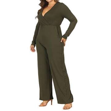 Allegrace Women Plus Size Sexy Wrap V Neck Long Sleeve Jumpsuits Wide Leg Long Rompers Army Green 1X