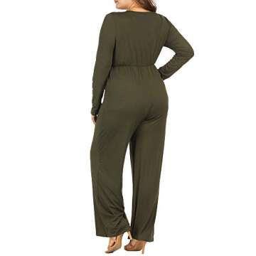 Allegrace Women Plus Size Sexy Wrap V Neck Long Sleeve Jumpsuits Wide Leg Long Rompers Army Green 1X