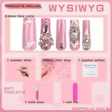 QQPPOLIU Long Square Press on Nails with Rhinestones Designs Fake Acrylic Nails Flower and Butterfly...